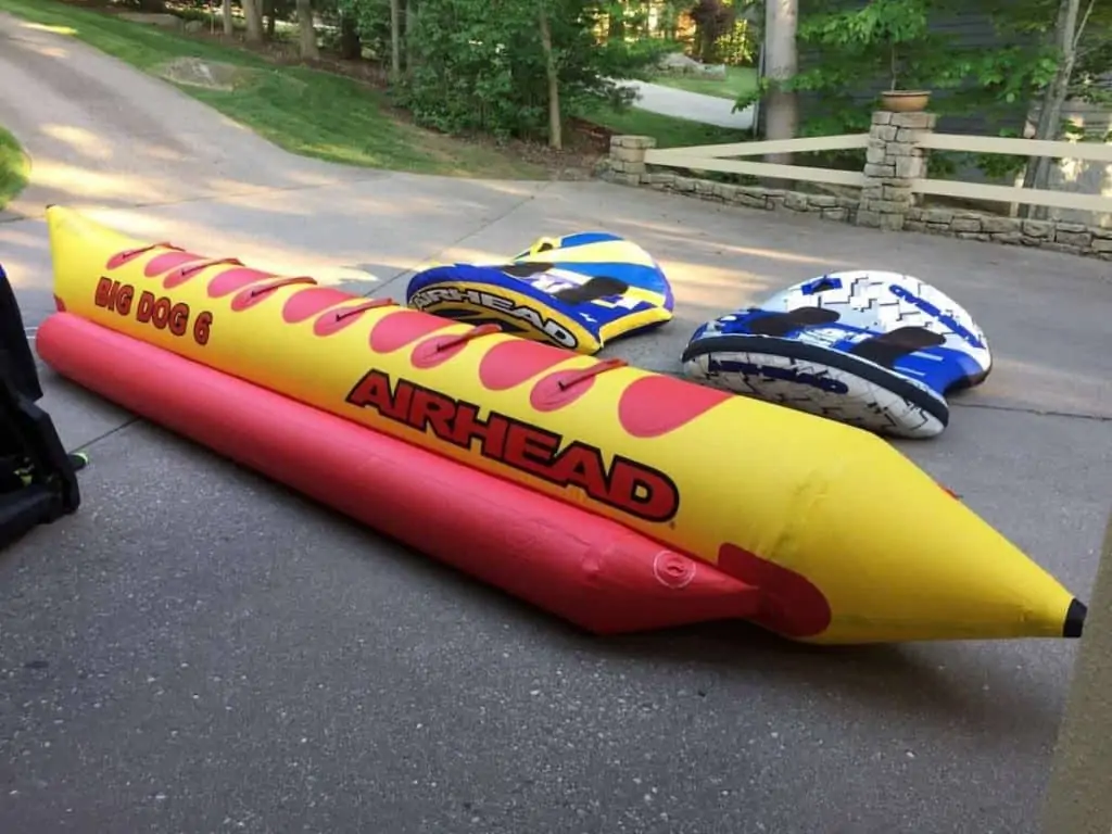 Different types of towable tubes including 6 person hot dog