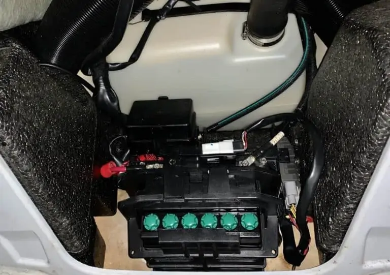 Front compartment of a Sea Doo RXPX with battery in place